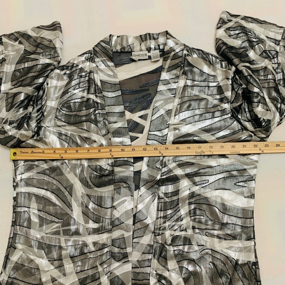 Chico's Kimono Jacket Women Lightweight Metallic Black Silver Silk Blend 0/1 S/M - Picture 8 of 10